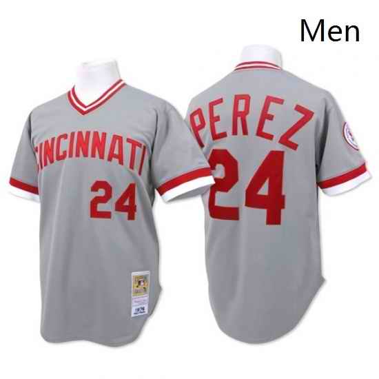 Mens Mitchell and Ness Cincinnati Reds 24 Tony Perez Replica Grey Throwback MLB Jersey